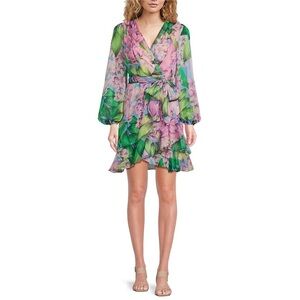 Alex Marie Floral Dress crinkle chiffon v-neckline Long sleeves Size 6